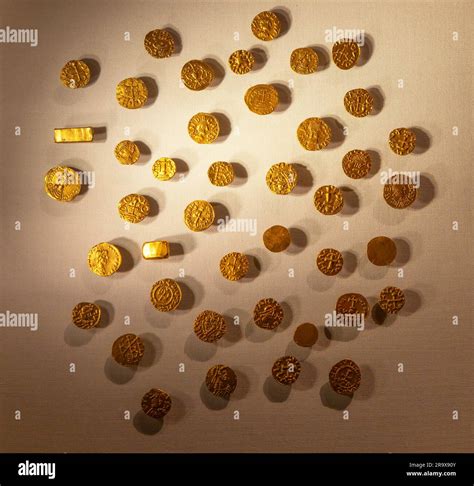 Anglo-saxon gold coins from Frankish mints found in the king's purse on display, Sutton Hoo ...