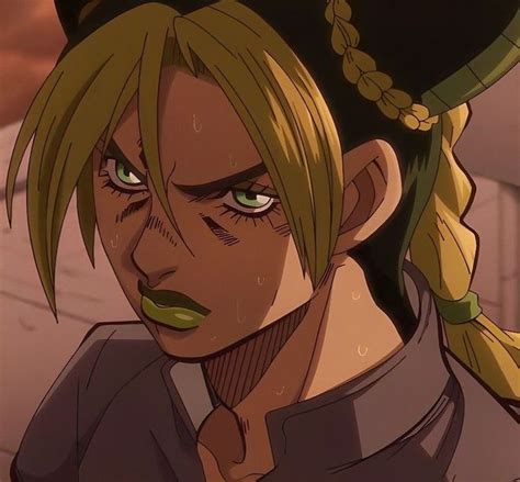 an anime character with blonde hair and green eyes looking at something ...