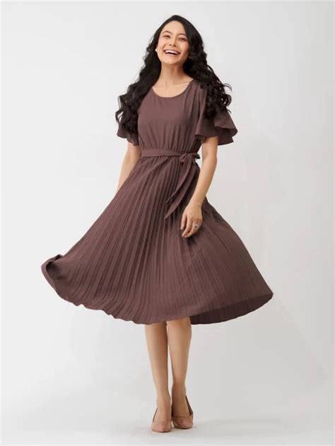 buy aask polyester coffee brown color pleated solid  neck dress