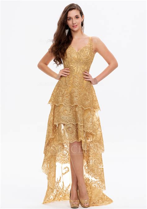 A-line V Neck Sleeveless Lace Asymmetrical Prom Dress - Prom Dresses
