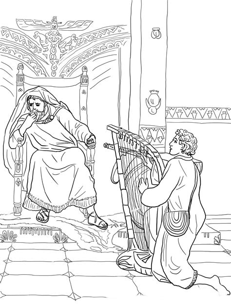 Desenho de Davi tocando arpa para Saul para colorir - Tudodesenhos