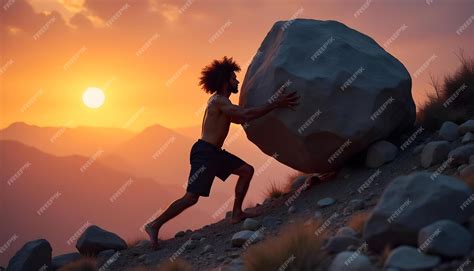 silhouette  man pushing boulder uphill  sunset premium ai