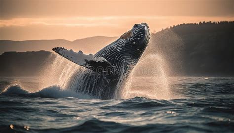 Majestic Humpback Whale Breaching in Sunset, Splashing Blue Waves ...