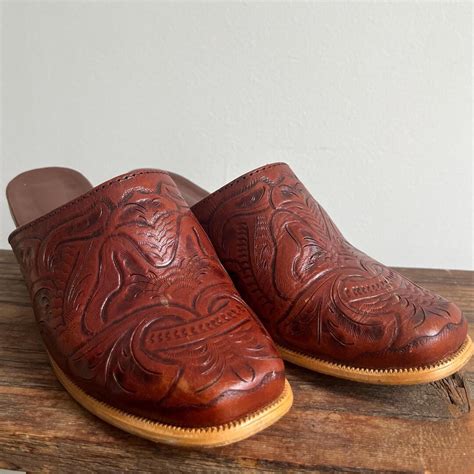 tooled leather mules western mules vintage brown leather shoes