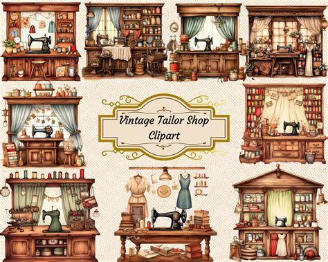 Vintage Tailor Shop Clipart, Sewing Machine, Floral Victorian Tailoring