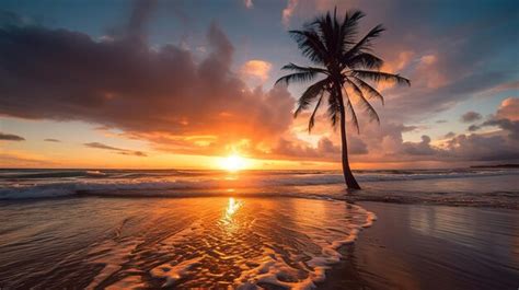 Premium Photo | A palm tree on a beach at sunset