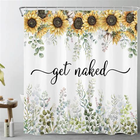 Get Naked Yellow Sunflower Shower Curtain for Bathroom,Green Eucalyptus