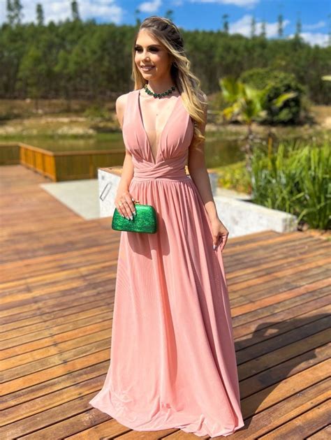 Vestido Rose Longo Simples - Vestido Rosê Longo Festa Casamento | Vestido de Festa Feminino Nunca ...