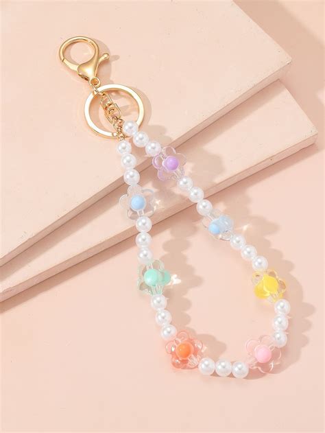 Flower & Faux Pearl Beaded Charm Keychain