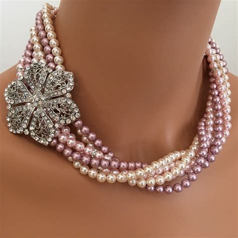 Pink Pearl Statement Necklace Set With Earrings and Brooch Twisted 6 ...