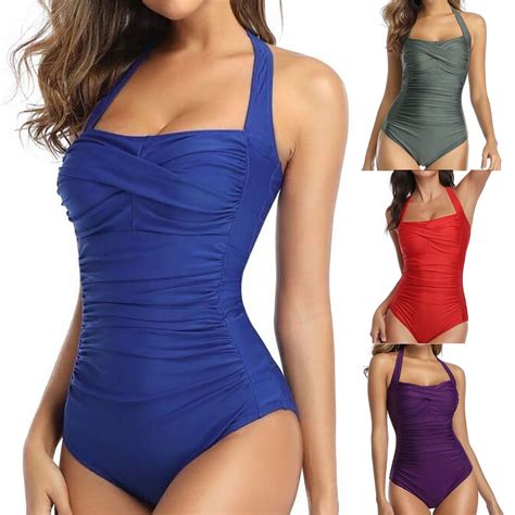 Travelwant Women's Vintage Padded Push up One Piece Swimsuits Tummy