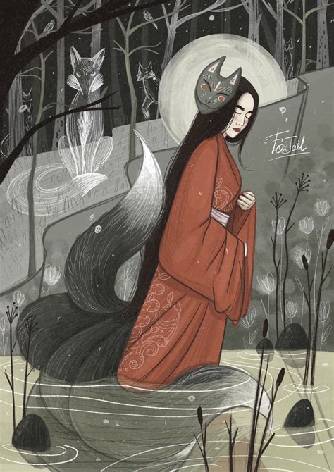 Иллюстрация Кицунэ в стиле полиграфия | Illustrators.ru