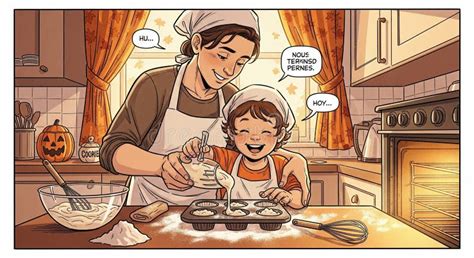 Mother and Child Baking Cupcakes in a Cozy Kitchen for Halloween Stock