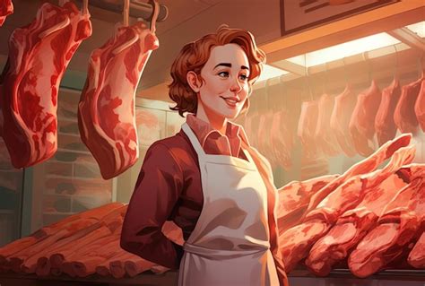 Premium Photo | Female butcher standing in a meat market in the style ...