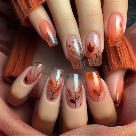 transparent nail designs 🫧 прозрачный маникюр оранжевый с веточками ...