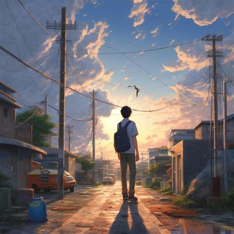 Premium AI Image | Anime scene of a man walking down a street with a ...