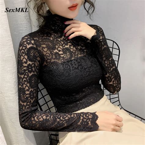 Elegant Women Lace Blouse 2020 Sexy See Through Ladies Tops Long Sleeve