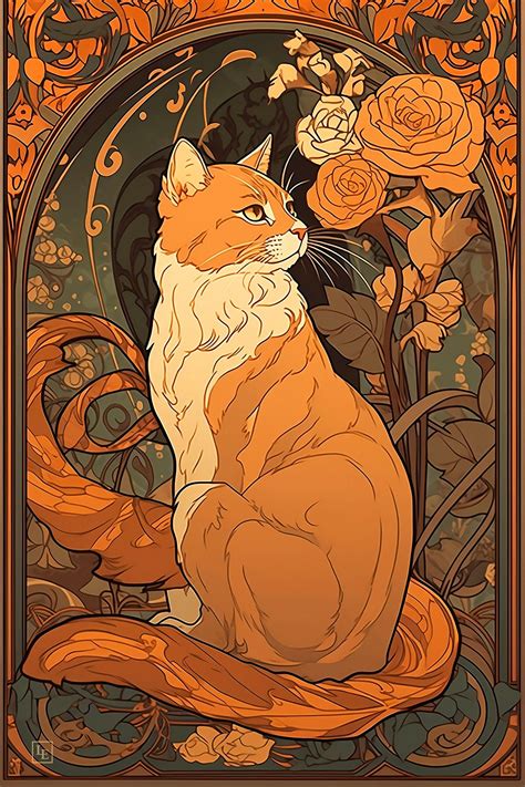 ginger cat  roses illustration art nouveau decor vintage cat digital
