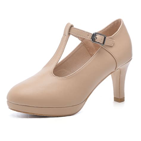 DADAWEN Womens Pumps Round Toe T-Strap Mid Heels Bridal Wedding Party