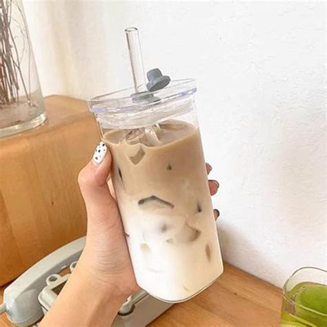 Heat Straw Glass Cup Square Heat Resistant Coffee Glass Cup With Lid
