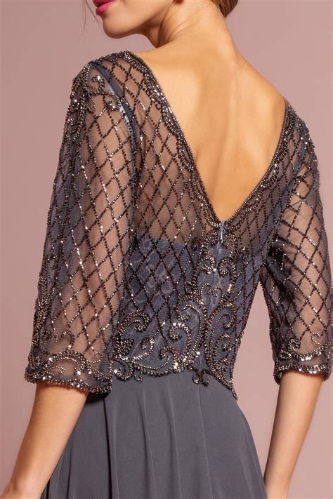 Navy Beads Embellished Bodice Chiffon Long Dress for $319.99 – The