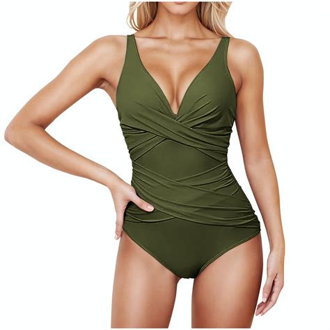 MLQIDK Women's One Piece Swimsuit Deep V Neck Crisscross Back Tummy