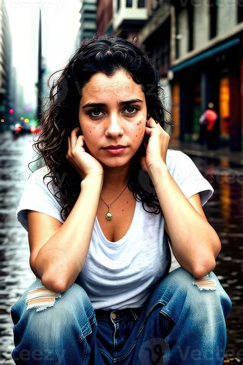 Portrait of homeless young girl is sitting on the road of abandoned wet