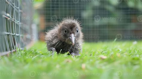 A young kiwi chick exploring its grassy enclosure with a blurred