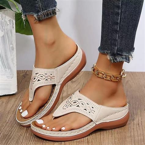 Women's Beige Cut-Out Leather Slip-On Sandals with Cushioned Sole ...