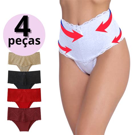 Calcinha Que Aperta A Barriga - Kit 4 Calcinha Cintura Alta Modeladora Aperta Barriga Algodão e Renda ...