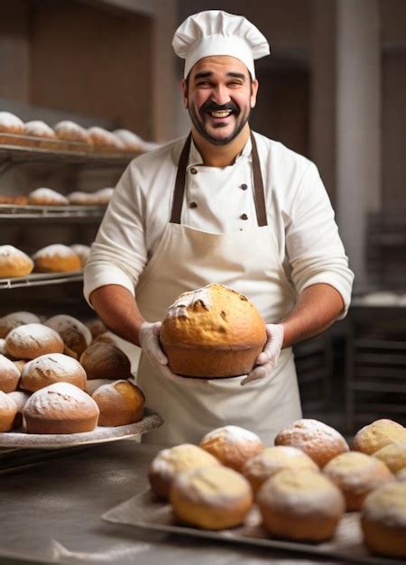 Premium AI Image | happy joyful robust baker making panettone christmas ...