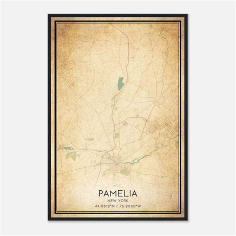 Vintage Pamelia New York Map Poster, Pamelia NY City Road Wall Art