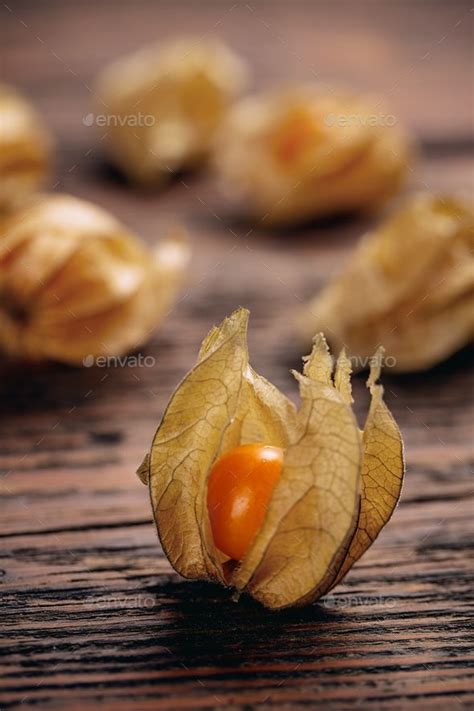 Physalis Fruit on Wooden Background