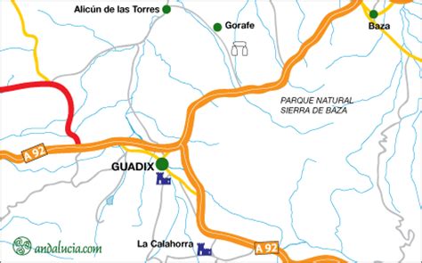 Guadix Map, villages in the province of Granada Andalucía, Southern Spain