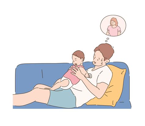 Dad is sitting on the sofa, comforting a crying baby, thinking of his