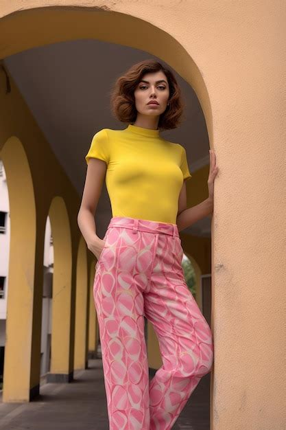 Premium AI Image | Fashionable woman in trendy pink and yellow outfit