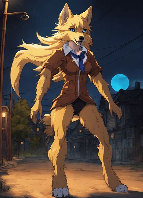 Lexica - Anime werewolf on hind legs, blonde fur, blue eyes, scary, female