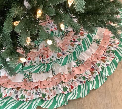 Blush Pink Ruffled Christmas Tree Skirt With Green Stripes - Etsy