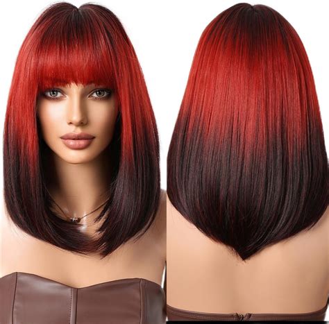 Amazon.com: testar Black Red Bob Wigs with Bangs Short Bob Red and ...