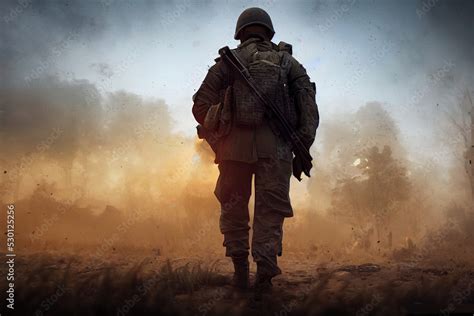 lone soldier walking   battlefield illustration    military