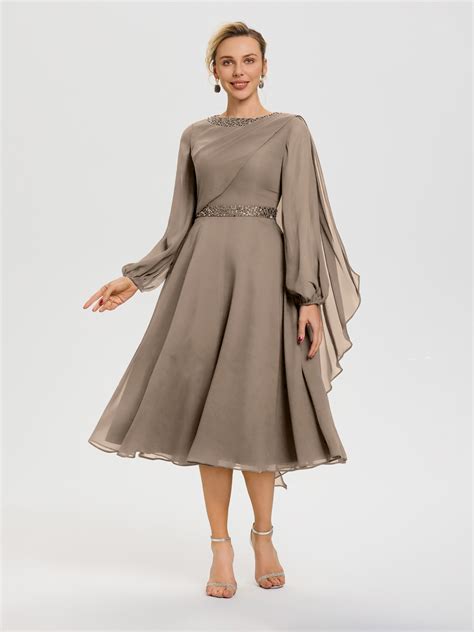 Mother Of The Bride Taupe Dresses Elegant A-Line Beading Long Sleeves