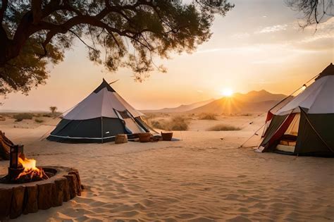 Premium AI Image | camping in the desert with a tent and a mountain in ...