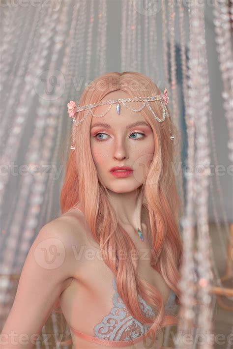 Beauty portrait of anime princess elf woman with pink hair in underwear