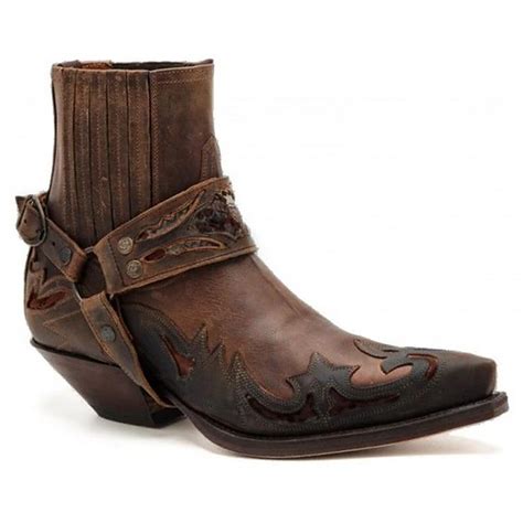 Men's Black Faux Leather Western Ankle Boots with Embroidered Detailing and Metal Harness ...