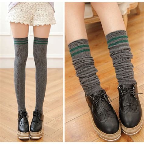 Купить серые гольфы выше колен | Striped thigh high socks, Socks women ...