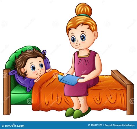 Cartoon Mother Reading Bedtime Story To Her Son before Sleeping Stock