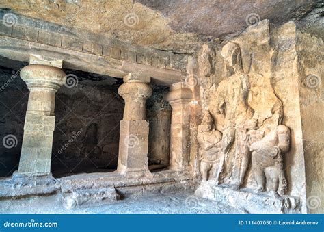 hindu sculptures   cave   elephanta island mumbai india stock