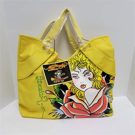 Ed Hardy 1971 Large Yellow Nylon Tote Bag Purse Veronica Rose Pin Up