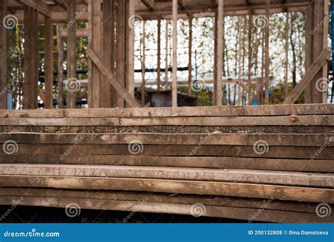 basis   pile foundation timber framing house stock photo
