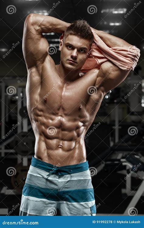 Muscular Man in Gym, Shaped Abdominal. Strong Male Naked Torso Abs